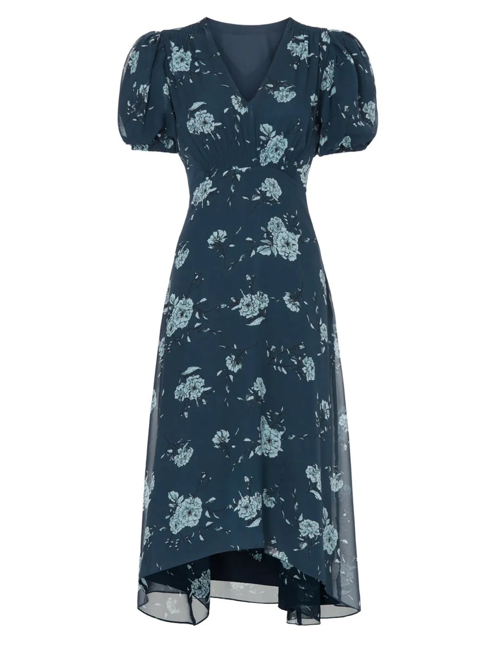Club Monaco Navy Floral V-Neck Puff Sleeve Dress